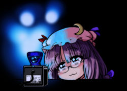 Rule 34 | 1girl, :3, bespectacled, blunt bangs, bow, crescent, eruichi (redphantom), eyebrows, female focus, glasses, hair bow, happy, hat, hat bow, long hair, patchouli knowledge, purple eyes, purple hair, red phantom, solo, sparkle, touhou, upside-down