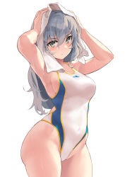Rule 34 | 1girl, armpits, arms up, bare shoulders, blue one-piece swimsuit, blush, breasts, collarbone, competition swimsuit, duplicate, green eyes, grey hair, highleg, highleg swimsuit, highres, kekemotsu, long hair, looking at viewer, medium breasts, one-piece swimsuit, original, pixel-perfect duplicate, sideboob, solo, swimsuit, thighs, towel, wet, white one-piece swimsuit