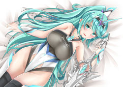 Rule 34 | 1girl, alternate costume, bare arms, bare shoulders, bed, blush, breasts, competition swimsuit, covered navel, female focus, framed breasts, gem, green eyes, green hair, hair between eyes, hair ornament, headpiece, high ponytail, highres, jewelry, large breasts, long hair, looking at viewer, lying, matching hair/eyes, nintendo, one-piece swimsuit, open mouth, outdoors, pneuma (xenoblade), ponytail, sarasadou dan, solo, spoilers, swimsuit, sword, thighhighs, thighs, tiara, very long hair, weapon, xenoblade chronicles (series), xenoblade chronicles 2