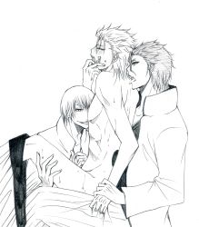 Rule 34 | 3boys, abs, aizen sousuke, anal, arrancar, bleach, blush, closed eyes, clothed male nude male, clothed on nude, cum, facial, finger in mouth, forced, grimmjow jaegerjaquez, group sex, handjob, highres, holding another&#039;s wrist, ichimaru gin, leg hold, licking, male focus, male penetrated, mmm threesome, monochrome, multiple boys, nude, number tattoo, on lap, outline, penis, sex, short hair, sitting, sitting on lap, sitting on person, smile, sweat, tattoo, threesome, tongue, tongue out, yaoi