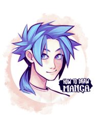 Rule 34 | 1boy, artist name, blouse, blue-haired boy (how to draw manga), blue eyes, blue hair, blush, closed mouth, copyright name, derivative work, english text, forehead, hair intakes, hair tie, happy, highres, how to draw manga, how to draw manga redraw challenge (meme), light blush, long hair, looking to the side, looking up, male focus, matching hair/eyes, meme, ponytail, sacrxm, shirt, sidelocks, signature, simple background, smile, solo, upper body, white background, white shirt