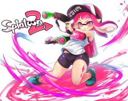 Rule 34 | 1girl, bad id, bad twitter id, baseball cap, bike shorts, black shorts, blue footwear, blunt bangs, commentary, conomi-c5, copyright name, full body, grin, hat, highres, holding, holding weapon, ink tank (splatoon), inkling, inkling girl, inkling player character, leaning back, long hair, looking to the side, nintendo, paint splatter, pink hat, pointy ears, shirt, shoes, shorts, single vertical stripe, sleeveless, sleeveless shirt, smile, sneakers, solo, splat dualies (splatoon), splatoon (series), splatoon 2, standing, tentacle hair, weapon, white background, white shirt