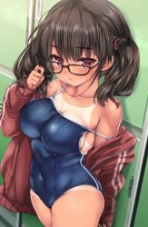 Rule 34 | 1girl, black-framed eyewear, black hair, blue one-piece swimsuit, breasts, commentary request, competition school swimsuit, cowboy shot, glasses, highres, jacket, large breasts, locker, long hair, mole, mole on breast, nijimoto hirok, one-piece swimsuit, open clothes, open jacket, original, red eyes, red jacket, school swimsuit, solo, standing, swimsuit, tan, tanline, track jacket