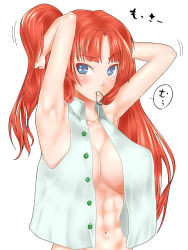 Rule 34 | 1girl, abs, adjusting hair, armpits, bare shoulders, blue eyes, bottomless, breasts, colored eyelashes, crop top, crop top overhang, highres, hong meiling, kuranosuke, large breasts, looking to the side, motion lines, mouth hold, navel, open clothes, open shirt, parted bangs, red hair, shirt, solo, touhou, tying hair, white shirt