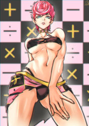 Rule 34 | 1girl, absurdres, bare shoulders, breasts, choker, commentary request, commission, green eyes, highres, jojo no kimyou na bouken, juaag acgy, looking at viewer, medium breasts, navel, parted lips, pink hair, pixiv commission, short hair, solo, symbol, thighs, trish una, underboob, vento aureo