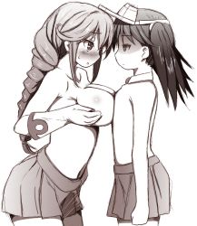 Rule 34 | 10s, 2girls, asymmetrical docking, blush, braid, breast envy, breast press, breasts, clenched hand, cowboy shot, empty eyes, eye contact, flat chest, from side, gloves, jitome, kantai collection, large breasts, long hair, looking at another, monochrome, multiple girls, navel, naz (garyuuya), noshiro (kancolle), pleated skirt, ponytail, ryuujou (kancolle), shaded face, skirt, topless, twintails, visor cap, white gloves, yuri