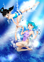 Rule 34 | 2girls, absurdres, air bubble, bad id, bad pixiv id, barefoot, black hair, blue eyes, blue hair, blush, breath, bubble, character request, coral, freediving, gradient background, highres, holding breath, multiple girls, ocean, one-piece swimsuit, paki hanbiruu, red eyes, short twintails, source request, swimming, swimsuit, twintails, underwater, water