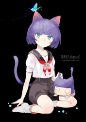 Rule 34 | 2others, androgynous, animal ears, bad id, bad twitter id, black background, blue eyes, blunt bangs, bob cut, boots, bug, butterfly, cat ears, cat tail, chibi, closed eyes, collarbone, expressionless, eyebrows, full body, glowing, green eyes, insect, kuroi nyan, kuroinyan, looking away, looking up, multicolored eyes, multiple girls, multiple others, neckerchief, original, other focus, outstretched arms, pixiv fantasia, pixiv fantasia new world, purple hair, sailor collar, school uniform, serafuku, short hair, short sleeves, simple background, sitting, tail, twitter username, watermark, web address, white footwear, white legwear