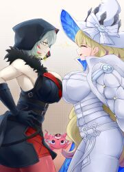 Rule 34 | 2girls, absurdres, blonde hair, breast press, breasts, cleavage, colored tips, confrontation, detached sleeves, diabellstar the black witch, diabellze the original sinkeeper, dress, duel monster, eye of horus, gloves, green eyes, grey hair, hat, highres, hood, hood up, jewelry, large breasts, long hair, lufnis, medium hair, multicolored hair, multiple girls, pale skin, purple hair, rivalry, rivals, single detached sleeve, single glove, single sleeve, smile, snake-eyes poplar, streaked hair, white dress, witch, witch hat, yu-gi-oh!