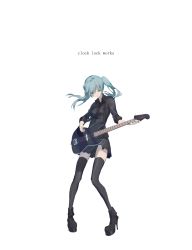 Rule 34 | 1girl, ankle boots, bass guitar, black footwear, black shirt, black skirt, black thighhighs, blue hair, boots, clock lock works (vocaloid), closed mouth, collared shirt, copyright name, electric guitar, full body, green eyes, guitar, hatsune miku, high heel boots, high heels, highres, holding, holding instrument, instrument, long hair, long legs, miniskirt, music, platform footwear, playing instrument, pleated skirt, shirt, simple background, skirt, sleeves rolled up, solo, song name, spencer sais, standing, thighhighs, tsurime, twintails, vocaloid, white background