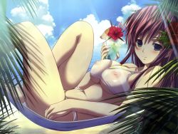 Rule 34 | 1girl, beach, bikini, blush, breasts, cleavage, cloud, covered erect nipples, cup, day, drink, drinking glass, drinking straw, fingernails, flower, from side, green eyes, hair flower, hair ornament, hammock, hibiscus, highres, holding, kneepits, knees up, large breasts, leaf, light rays, light smile, long fingernails, long hair, looking at viewer, lying, m&amp;m, natsukami, navel, nipples, ocean, official art, official wallpaper, on back, outdoors, pink hair, see-through, sideboob, sidelocks, sky, smile, solo, sunbeam, sunlight, swimsuit, takasato nanase, transparent, tree, underboob, very long hair, water, white bikini