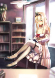 Rule 34 | 1girl, bare shoulders, black footwear, blonde hair, blue eyes, blurry, blurry foreground, blush, book, braid, breasts, closed mouth, corset, crossed legs, crown, desk, dress, flower, french braid, garter straps, hair between eyes, hairband, hhh (wave), high heels, indoors, jewelry, kantai collection, long hair, long sleeves, looking at viewer, mary janes, mini crown, necklace, off-shoulder dress, off shoulder, on chair, reading, red flower, red ribbon, red rose, ribbon, rose, shoes, sidelocks, sitting, smile, solo, thighhighs, thighs, warspite (kancolle), white dress, white thighhighs