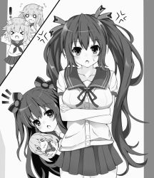 Rule 34 | annoyed, breasts, collar, crossed arms, flustered, giga-tera, hair ornament, hairclip, happy, leggings, long hair, medium breasts, nepgear, neptune (neptunia), neptune (series), noire (neptunia), open mouth, ribbon, shirt, short hair, siblings, sisters, skirt, small breasts, stuffed toy, surprised, thighs, tsundere, twintails, two side up, uni (neptune series)