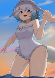 Rule 34 | 1girl, blowhole, blue eyes, blue hair, blush, cetacean tail, common bottlenose dolphin (kemono friends), covered navel, dolphin girl, dorsal fin, dusk, fins, fish tail, frilled one-piece swimsuit, frills, grey hair, head fins, highres, holding hands, john (a2556349), kemono friends, kemono friends 3, multicolored hair, one-piece swimsuit, open mouth, partially submerged, short hair, smile, sunset, swimsuit, tail, thighs, white hair