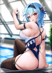 Rule 34 | 1girl, arm strap, arm support, ass, asymmetrical hair, back, bare arms, bare shoulders, beer can, black hairband, blue hair, blurry, blurry background, breasts, brown thighhighs, can, criss-cross back-straps, drink, drink can, eula (genshin impact), from behind, genshin impact, hair between eyes, hair ornament, hairband, highres, holding, holding can, holding drink, indoors, knee up, large breasts, looking at viewer, looking back, median furrow, one-piece swimsuit, open mouth, poolside, rei no pool, short hair, sideboob, sitting, smile, solo, sparkle, swimsuit, thighhighs, thighs, two-tone swimsuit, wet, xfate, yellow eyes