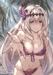 Rule 34 | 1girl, bad id, bad pixiv id, breasts, collarbone, dark jeanne, feather hair ornament, feathers, granblue fantasy, groin, hair intakes, hair ornament, highres, large breasts, looking at viewer, milli little, navel, outstretched arms, red eyes, solo, white hair