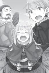 Rule 34 | 1boy, 1girl, ayakura juu, barrel, bear, capelet, closed eyes, facial hair, greyscale, long hair, monochrome, mustache, myuri (spice and wolf), novel illustration, official art, open mouth, outdoors, ponytail, spice and wolf, sweatdrop, tears, tote col