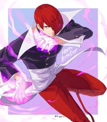 Rule 34 | 1boy, choker, collared shirt, fire, hair over one eye, happy birthday, jacket, juu satoshi, looking at viewer, male focus, purple fire, pyrokinesis, red eyes, red hair, shirt, solo, the king of fighters, unbuttoned sleeves, wing collar, yagami iori
