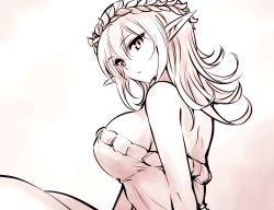 Rule 34 | 1girl, alternate breast size, back, bare shoulders, breasts, commentary, dress, g-forest goddess (ishiyumi), highres, ishiyumi, laurel crown, long pointy ears, looking at viewer, looking to the side, monochrome, new year, original, pointy ears, sepia, short hair, sideboob, sidelocks, slit pupils, solo, strapless, strapless dress