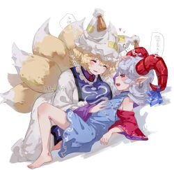 Rule 34 | 2girls, barefoot, blonde hair, blush, breasts, closed eyes, earrings, flat chest, fox tail, grabbing, grabbing another&#039;s breast, hand on another&#039;s head, headpat, horns, jewelry, large breasts, multiple girls, multiple tails, nejikyuu, pointy ears, red eyes, sharp teeth, speech bubble, tail, teeth, touhou, toutetsu yuuma, translation request, yakumo ran, yuri