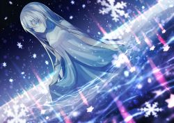 Rule 34 | 1girl, achiki, bare arms, bare shoulders, blue eyes, breasts, closed mouth, dress, dutch angle, from side, long hair, looking at viewer, looking to the side, original, pale skin, partially submerged, silver hair, small breasts, smile, snow, snowflakes, snowing, solo, upper body, white dress