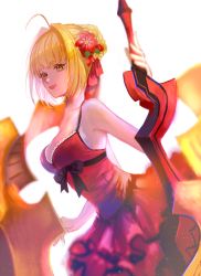 Rule 34 | 1girl, antenna hair, bad id, bad pixiv id, braid, crown braid, fate (series), flower, hair flower, hair ornament, highres, nero claudius (fate), nero claudius (fate) (all), nero claudius (fate/extra), nero claudius (swimsuit caster) (fate), rec.07, short hair, simple background, solo, sword, weapon, white background