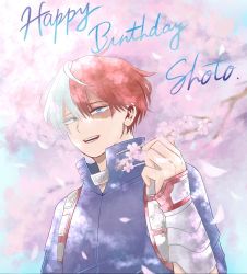 Rule 34 | 1boy, blue eyes, blurry, blurry background, boku no hero academia, burn scar, character name, cherry blossoms, costume, dappled sunlight, english text, falling petals, flower, gauntlets, hair between eyes, happy birthday, heterochromia, high collar, highres, holding, holding flower, long bangs, looking at viewer, male focus, multicolored hair, open mouth, petals, piiinon168, red hair, scar, scar on face, short hair, smile, solo, split-color hair, sunlight, todoroki shouto, two-tone hair, upper body, white hair