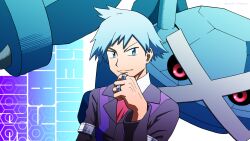 Rule 34 | 1boy, artist name, black jacket, black sclera, blue eyes, blue hair, closed mouth, colored sclera, copyright name, creatures (company), game freak, gen 3 pokemon, hand on own chin, highres, jacket, jewelry, kuroki shigewo, long sleeves, male focus, metagross, necktie, nintendo, pokemon, pokemon (creature), pokemon rse, red eyes, red necktie, ring, shirt, short hair, smile, steven stone, v-shaped eyebrows, white shirt