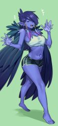 Rule 34 | 1girl, bare legs, barefoot, black shorts, black wings, blue skin, borrowed character, colored skin, feathered wings, green background, hair over one eye, hands up, highres, looking at viewer, midriff, navel, nia (nia4294), original, pointy ears, purple eyes, raven (ravencrafted), second-party source, shadow, shorts, simple background, solo, sports bra, white sports bra, wings