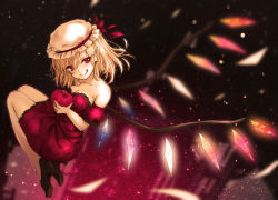 Rule 34 | 1girl, :q, alternate costume, alternate hairstyle, apple, bare shoulders, black footwear, blonde hair, blurry, blush, breasts, catbell, cleavage, closed mouth, collarbone, crystal, depth of field, detached sleeves, dress, flandre scarlet, food, frilled dress, frills, fruit, hair between eyes, hat, high heels, large breasts, legs together, looking at viewer, mob cap, negative space, pointy ears, puffy short sleeves, puffy sleeves, red dress, red eyes, short hair, short sleeves, smile, solo, strapless, strapless dress, tongue, tongue out, touhou, white hat, wings