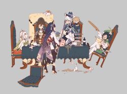 Rule 34 | 2boys, 3girls, aqua hair, baguette, beret, black gloves, blue eyes, blue hair, blush, bottle, braid, bread, bridal gauntlets, broken cup, brown hair, cake, cape, cecilia flower (genshin impact), chair, closed eyes, coattails, collared cape, commentary, corset, cup, cupcake, cushion, detached sleeves, drunk, earrings, eating, flower, flower pot, food, furina (genshin impact), genshin impact, gloves, gradient hair, green cape, green headwear, grey background, hair ornament, hat, hat flower, high heels, holding, holding cup, holding food, holding saucer, holding sword, holding weapon, japanese clothes, jewelry, juliet sleeves, katana, kimono, long hair, long sleeves, low-braided long hair, low-tied long hair, macaron, messy, multicolored hair, multiple boys, multiple girls, nahida (genshin impact), obi, obiage, obijime, open mouth, pie, pointy ears, popiahpot, puffy sleeves, purple eyes, purple hair, purple kimono, raiden shogun, rocking chair, sash, saucer, shorts, shrug (clothing), sidelocks, sitting, standing, stirrup legwear, sword, symbol-only commentary, table, tablecloth, tassel, tassel earrings, toeless legwear, top hat, venti (genshin impact), weapon, wine bottle, zhongli (genshin impact)