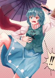 Rule 34 | !, !!, 1girl, aqua vest, arm above head, bad id, bad pixiv id, blue eyes, blue hair, blue skirt, breasts, commentary request, cross-laced clothes, eyebrows hidden by hair, feet out of frame, geta, hair between eyes, heterochromia, highres, holding, holding umbrella, index finger raised, juliet sleeves, karakasa obake, long sleeves, medium breasts, oil-paper umbrella, open mouth, polka dot, polka dot background, puffy sleeves, red eyes, shirt, short hair, skirt, socks, solo, spoken exclamation mark, taguno, tatara kogasa, tongue, touhou, umbrella, white shirt