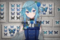 Rule 34 | 1girl, acorn (lakebiwabiwa), bare shoulders, black shirt, blue butterfly, blue dress, blue eyes, blue flower, blue hair, blue rose, blue shirt, blush, bow, bowtie, brown eyes, bug, butterfly, clothing cutout, dress, flower, gradient clothes, hair flower, hair ornament, insect, medium hair, multicolored clothes, multicolored eyes, nijisanji, nijisanji en, panels, rose, rosemi lovelock, shirt, short sidetail, shoulder cutout, solo, thorns, too many, too many butterflies, virtual youtuber, white bow, white bowtie, white flower, white rose