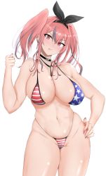 Rule 34 | 1girl, :p, american flag bikini, american flag print, azur lane, bikini, blue hair, blush, breasts, bremerton (azur lane), cameltoe, choker, cleavage, clenched hand, covered erect nipples, earrings, flag print, hairband, hand on own hip, jewelry, long hair, looking at viewer, mole, mole on breast, multicolored hair, nail polish, navel, pink eyes, pink hair, pink nails, print bikini, ranhatu, simple background, smile, solo, streaked hair, swimsuit, tongue, tongue out, twintails, two-tone hair, white background