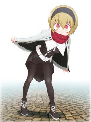 Rule 34 | 1girl, absurdres, black footwear, black pantyhose, black shorts, blonde hair, blush, breasts, coat, full body, hair ornament, hairband, highres, jashin-chan dropkick, looking at viewer, open mouth, outdoors, pantyhose, pekora (jashin-chan dropkick), red eyes, sat-c, scarf, shadow, short hair, shorts, simple background, small breasts, solo, standing, teeth, upper teeth only, white background, white coat