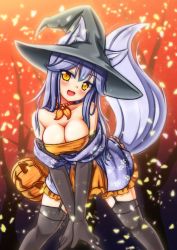 Rule 34 | 1girl, animal ears, black gloves, black thighhighs, blush, breasts, cleavage, ears through headwear, elbow gloves, garter straps, gloves, hat, highres, jack-o&#039;-lantern, large breasts, leaning forward, looking at viewer, minaha (playjoe2005), open mouth, purple hair, shikihime souko, shikihime zoushi, smile, solo, thighhighs, witch hat, yellow eyes