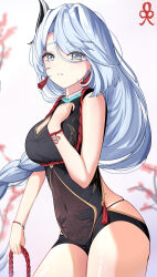 Rule 34 | 1girl, absurdres, black bodysuit, blue eyes, blush, bodysuit, braid, breasts, chinese knot, cleavage cutout, clothing cutout, commentary request, covered navel, earrings, eyes visible through hair, floating hair, genshin impact, gold trim, grey hair, hair over one eye, hand on own chest, highres, holding, incredibly absurdres, jewelry, large breasts, long hair, looking at viewer, low-braided long hair, low-tied long hair, panty straps, parted lips, shenhe (genshin impact), sidelocks, solo, tassel, tassel earrings, thighs, very long hair, yeni1871