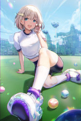 Rule 34 | 1girl, :d, arm support, ball, blue eyes, blue shorts, blue sky, blurry, breasts, cloud, crop top, crossed legs, day, depth of field, fence, field, foreshortening, full body, grass, gym uniform, hair ornament, highres, idolmaster, idolmaster shiny colors, light brown hair, looking at viewer, medium breasts, midriff, milin (orange maru), multicolored footwear, open mouth, outdoors, serizawa asahi, shirt, shoes, short hair, short shorts, short sleeves, shorts, sidelocks, sitting, sky, smile, socks, solo, stadium lights, sunlight, v, white footwear, white shirt, white socks