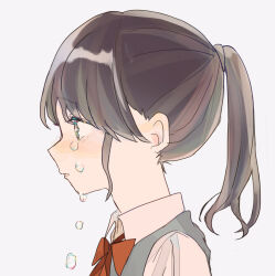 Rule 34 | 1girl, bow, bowtie, brown hair, collared shirt, crying, crying with eyes open, from side, grey eyes, grey vest, hair between eyes, highres, looking ahead, medium hair, multicolored eyes, original, parted lips, ponytail, red bow, red bowtie, school uniform, shirt, simple background, solo, teardrop, tears, upper body, vest, white background, white shirt, yuyu