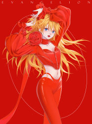 Rule 34 | 1girl, alternate hair length, alternate hairstyle, artist request, blue eyes, breasts, brown hair, cleavage, hair ornament, interface headset, lips, lipstick, long hair, looking at viewer, makeup, navel, neon genesis evangelion, red background, shiny clothes, simple background, souryuu asuka langley, very long hair, wide hips
