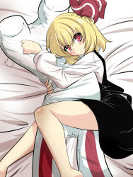 Rule 34 | 1girl, artist self-insert, bare legs, barefoot, blonde hair, blush, body pillow, rabbit, character doll, commentary request, full body, goma (gomasamune), hair between eyes, hair ribbon, highres, long hair, looking at viewer, lying, hugging object, on bed, on side, pillow, pillow hug, red eyes, ribbon, rumia, skirt, solo, touhou, vest