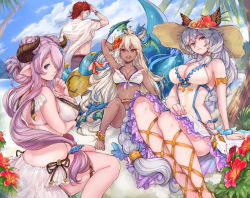 Rule 34 | 10s, 1boy, 3girls, ahoge, alternate costume, animal ears, ankle lace-up, anklet, arm behind back, ass, bare legs, bare shoulders, barefoot, beach, bikini, braid, breasts, closed eyes, cloud, cloudy sky, commentary request, cross-laced footwear, dark-skinned female, dark skin, day, demon horns, dragon, draph, ears through headwear, erune, flower, from behind, granblue fantasy, hair ornament, heles, heles (summer) (granblue fantasy), hibiscus, horns, iwagami, jewelry, large breasts, light purple hair, long hair, looking at viewer, low twintails, medium breasts, midriff, multiple girls, narmaya (granblue fantasy), navel, one-piece swimsuit, outdoors, palm leaf, palm tree, percival (granblue fantasy), percival (summer) (granblue fantasy), pointy ears, red eyes, red hair, sand, sandals, short hair, single braid, sitting, sky, standing, swimsuit, thigh strap, thighs, tree, twintails, very long hair, white bikini, white hair, white one-piece swimsuit, yellow eyes, zooey (granblue fantasy), zooey (summer) (granblue fantasy)