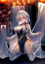 Rule 34 | 1girl, azur lane, blush, breast curtains, breasts, china dress, chinese clothes, cleavage, collarbone, dress, flower, garter straps, gloves, hair between eyes, hair ornament, hairband, highres, lace-trimmed hairband, lace trim, large breasts, looking at viewer, red eyes, repoi, short hair, short sleeves, sirius (azur lane), sirius (azure horizons) (azur lane), solo, thighhighs, thighs, white gloves, white hair, white thighhighs