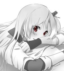 Rule 34 | 1girl, arm rest, azur lane, blush, cape, cleveland (azur lane), fingerless gloves, gloves, greyscale, hair ornament, head rest, karinto yamada, long hair, long sleeves, looking at viewer, monochrome, parted lips, red eyes, simple background, solo, spot color, wavy mouth, white background