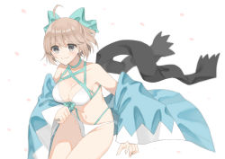 Rule 34 | 1girl, ahoge, aqua bow, bikini, black scarf, bow, breasts, cherry blossoms, commentary request, cowboy shot, fate/grand order, fate (series), grey eyes, hair bow, halterneck, haori, japanese clothes, light brown hair, looking at viewer, medium breasts, navel, off shoulder, okita j. souji (fate), okita j. souji (third ascension) (fate), okita souji (fate), okita souji (koha-ace), oshage (osyage921), scarf, unworn scarf, short hair, simple background, smile, solo, swimsuit, white background, white bikini