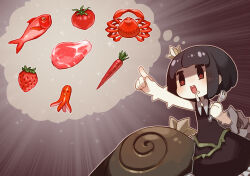 Rule 34 | 1girl, 1other, artist request, black dress, black hair, carrot, crab, crown, dress, drooling, fish, food, food art, fork, fruit, holding, holding fork, imagining, meat, mini crown, official art, open mouth, plant, pointing, red eyes, rose (rose to tasogare no kojou), rose to tasogare no kojou, saliva, short hair, sparkle, steak, strawberry, tako-san wiener, titan (rose to tasogare no kojou), tomato, upper body, vines