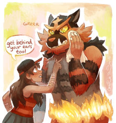 Rule 34 | 1girl, 3koma, bandaid, black hair, calonarang, claws, comic, commentary, creature, creatures (company), dark skin, english commentary, english text, eye contact, fangs, game freak, gen 7 pokemon, grey skirt, height difference, highres, holding, holding towel, incineroar, long hair, looking at another, nintendo, original, pokemon, pokemon (creature), red shirt, shirt, skirt, towel, yellow eyes