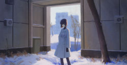 Rule 34 | 1girl, absurdres, black eyes, black gloves, black hair, black pantyhose, buttons, closed mouth, coat, commentary, expressionless, gloves, highres, kuonji alice, long sleeves, looking at viewer, mahou tsukai no yoru, mwwww, pantyhose, short hair, snow, solo, trash can, tree, white coat, winter, winter clothes