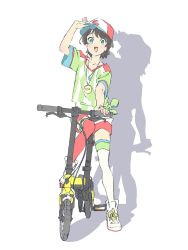 Rule 34 | 1girl, adjusting clothes, adjusting headwear, arm up, asymmetrical legwear, bicycle, blue eyes, blush, folding bicycle, hat, highres, hololive, looking at viewer, marugayotsu, oozora subaru, oozora subaru (1st costume), open mouth, shadow, shirt, shoes, short sleeves, shorts, sitting, smile, sneakers, solo, stopwatch, striped clothes, striped shirt, swept bangs, t-shirt, thighhighs, tied shirt, uneven legwear, vertical-striped clothes, vertical-striped shirt, virtual youtuber, watch, white background, white footwear