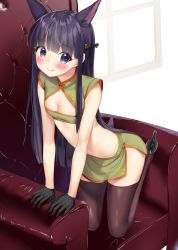 Rule 34 | 1girl, animal ear fluff, animal ears, arm support, bare arms, black footwear, black gloves, blunt bangs, blush, breasts, brown thighhighs, cleavage, closed mouth, crop top, gloves, green shirt, green skirt, high heels, highres, k mugura, kasumi (princess connect!), kneeling, long hair, midriff, miniskirt, navel, princess connect!, purple eyes, purple hair, shirt, shoes, skirt, small breasts, smile, solo, thighhighs, very long hair, white background, window